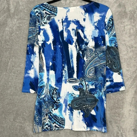 Sea & Anchor M Medium Shirt Top Blue White Paisley 3/4 Sleeve Scoop Neck Stretch - Picture 4 of 6